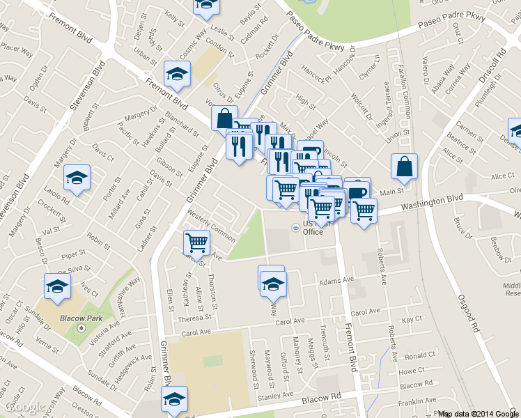 map of restaurants, bars, coffee shops, grocery stores, and more near 4185 Bay Street in Fremont