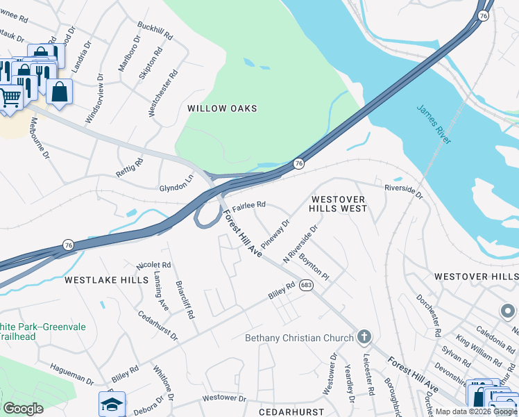 map of restaurants, bars, coffee shops, grocery stores, and more near 5951 Fairlee Road in Richmond