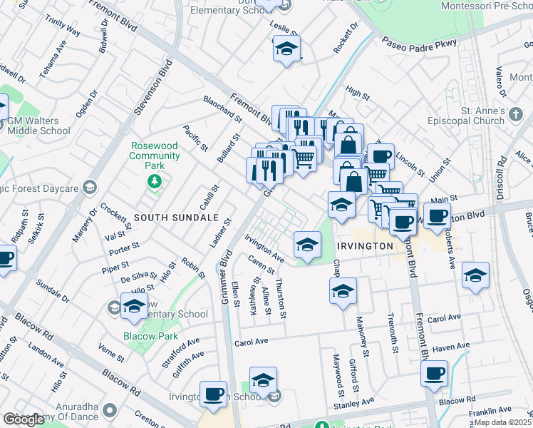 map of restaurants, bars, coffee shops, grocery stores, and more near 40702 Greystone Terrace in Fremont