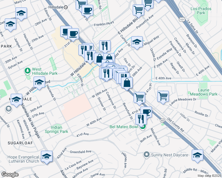 map of restaurants, bars, coffee shops, grocery stores, and more near 3802 King Lane in San Mateo