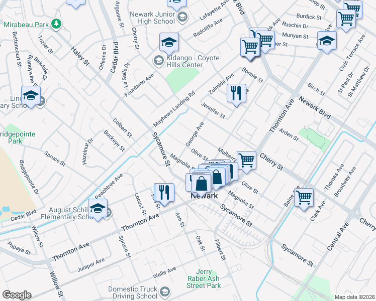 map of restaurants, bars, coffee shops, grocery stores, and more near 36701 Olive Street in Newark