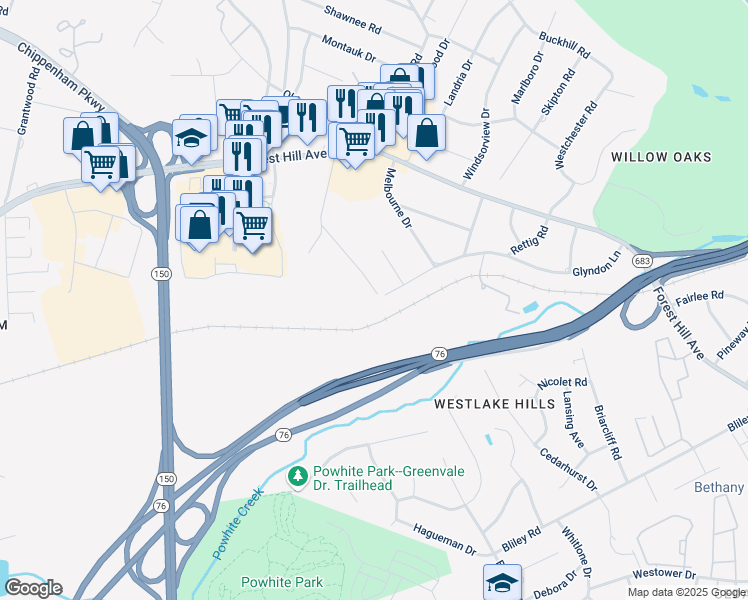 map of restaurants, bars, coffee shops, grocery stores, and more near 2500 Gravel Hill Road in Richmond