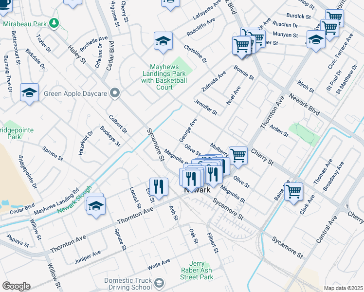 map of restaurants, bars, coffee shops, grocery stores, and more near 36701 Olive Street in Newark