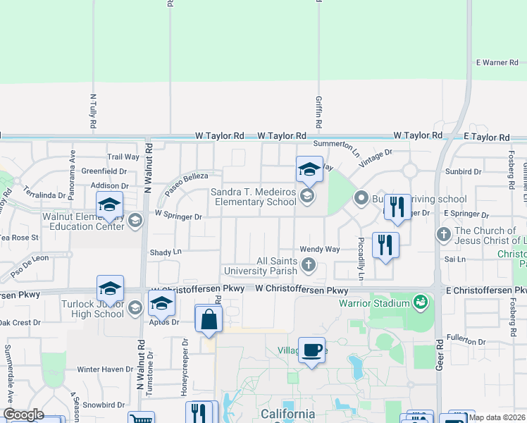 map of restaurants, bars, coffee shops, grocery stores, and more near 995 West Springer Drive in Turlock