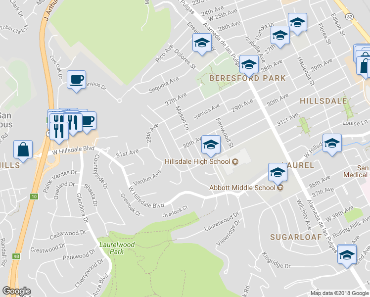 map of restaurants, bars, coffee shops, grocery stores, and more near 3004 Del Ray Street in San Mateo