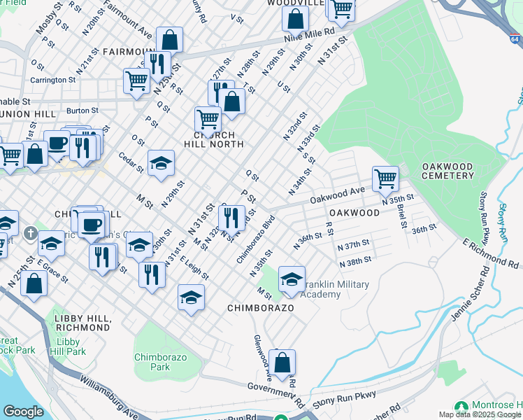 map of restaurants, bars, coffee shops, grocery stores, and more near 3305 P Street in Richmond
