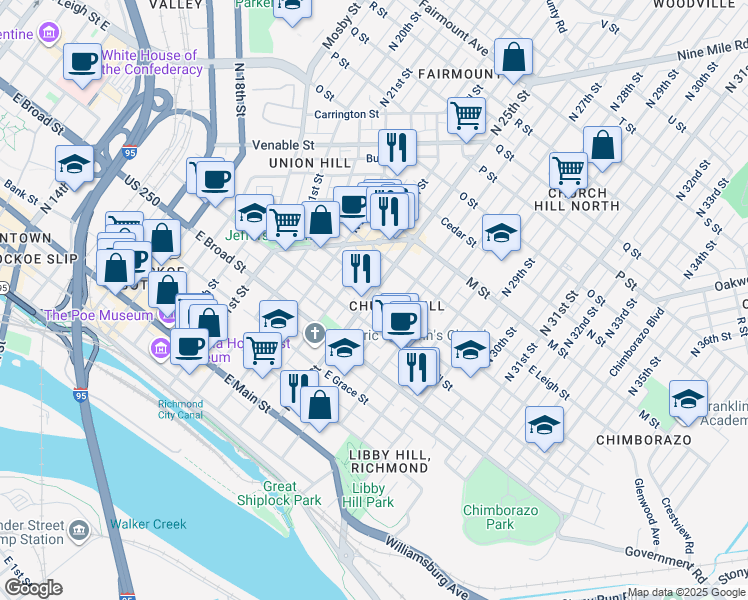 map of restaurants, bars, coffee shops, grocery stores, and more near 419 North 25th Street in Richmond