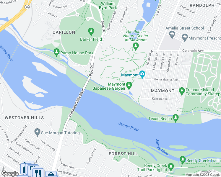 map of restaurants, bars, coffee shops, grocery stores, and more near North Bank Trail in Richmond