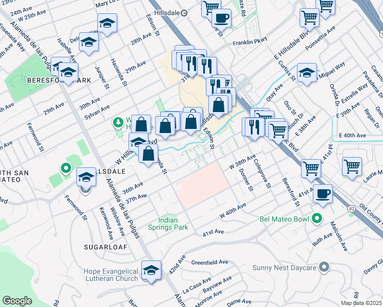 map of restaurants, bars, coffee shops, grocery stores, and more near 224 36th Avenue in San Mateo