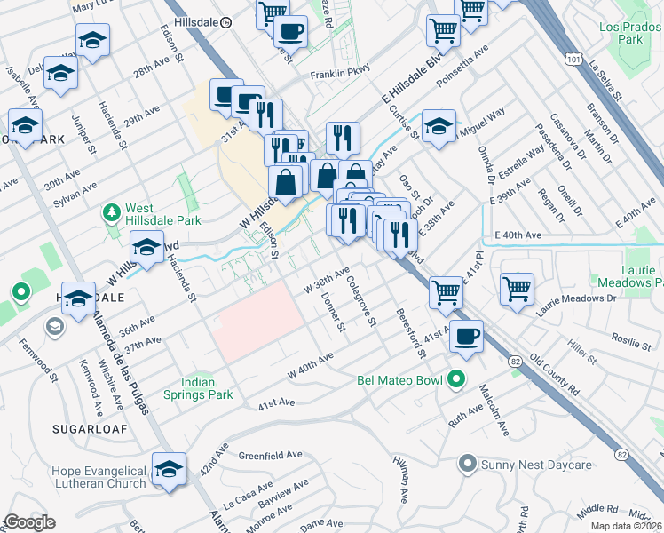 map of restaurants, bars, coffee shops, grocery stores, and more near 14 Colegrove Court in San Mateo