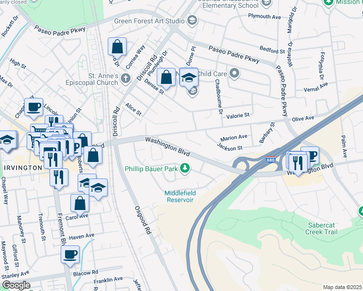 map of restaurants, bars, coffee shops, grocery stores, and more near 2785 Washington Boulevard in Fremont