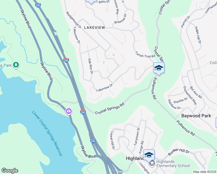 map of restaurants, bars, coffee shops, grocery stores, and more near Lakeview Dr & Calaveras Ct in Hillsborough