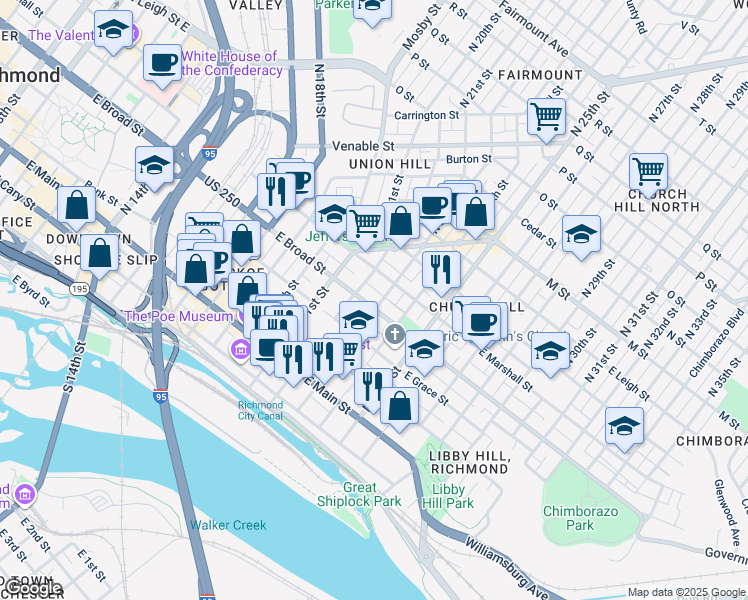 map of restaurants, bars, coffee shops, grocery stores, and more near 2214 East Broad Street in Richmond