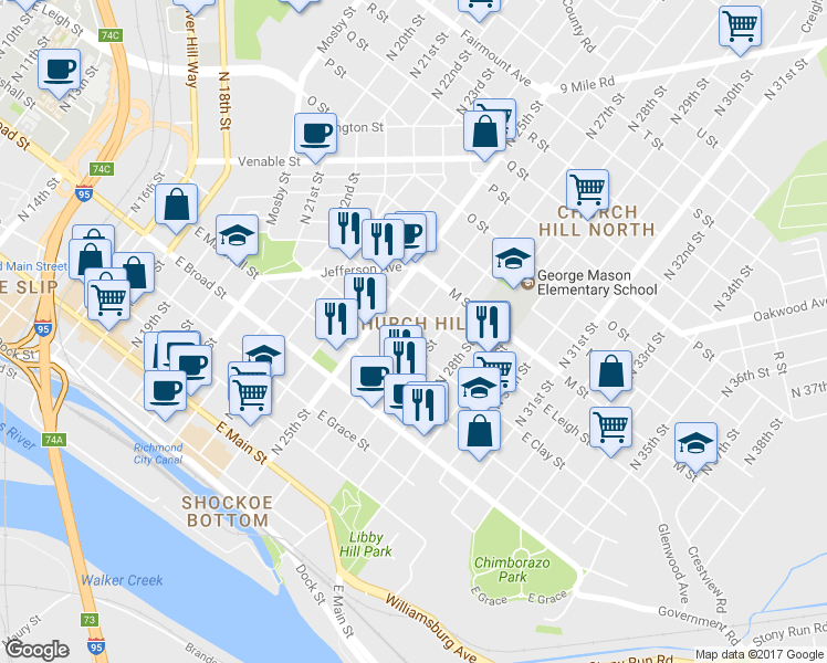 map of restaurants, bars, coffee shops, grocery stores, and more near 511 1/2 North 26th Street in Richmond