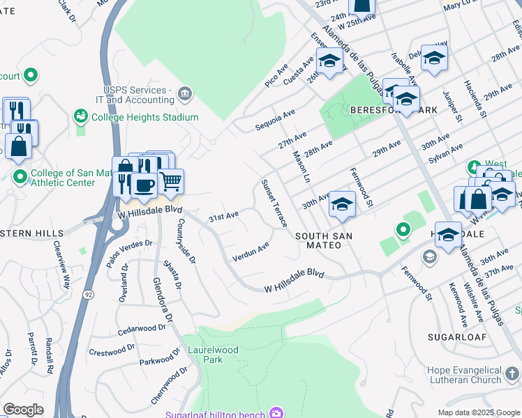 map of restaurants, bars, coffee shops, grocery stores, and more near 990 31st Avenue in San Mateo