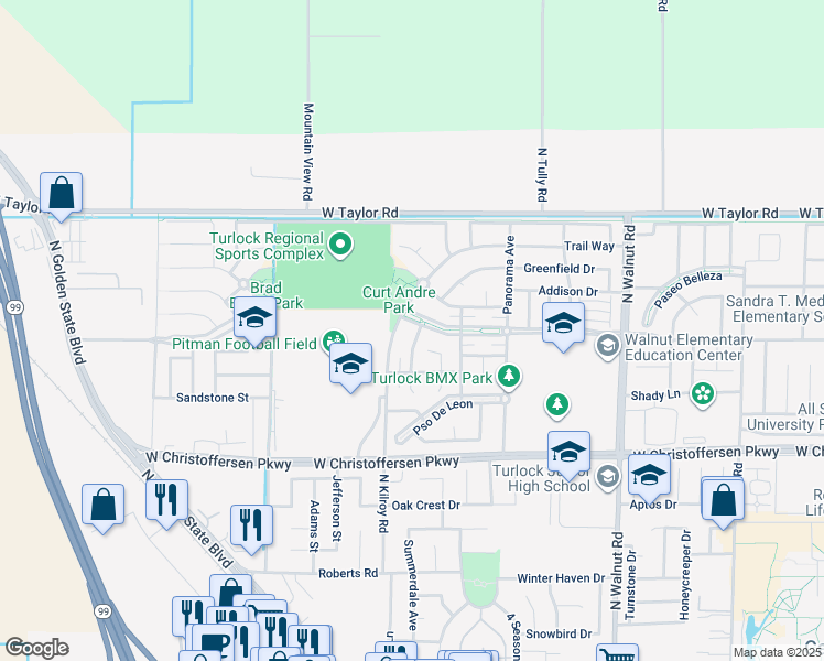 map of restaurants, bars, coffee shops, grocery stores, and more near 4231 Montara Drive in Turlock