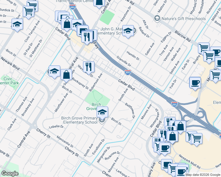 map of restaurants, bars, coffee shops, grocery stores, and more near 38153 Geranium Street in Newark
