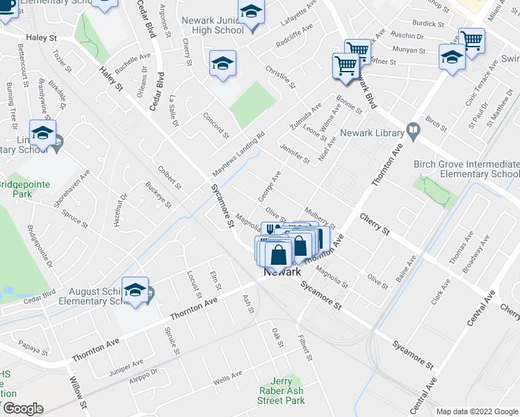 map of restaurants, bars, coffee shops, grocery stores, and more near 36701 Olive Street in Newark