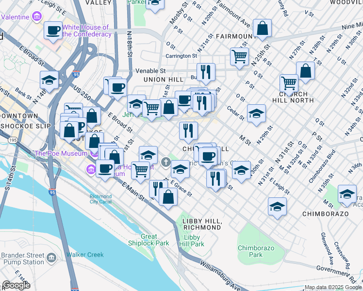 map of restaurants, bars, coffee shops, grocery stores, and more near 2408 East Marshall Street in Richmond