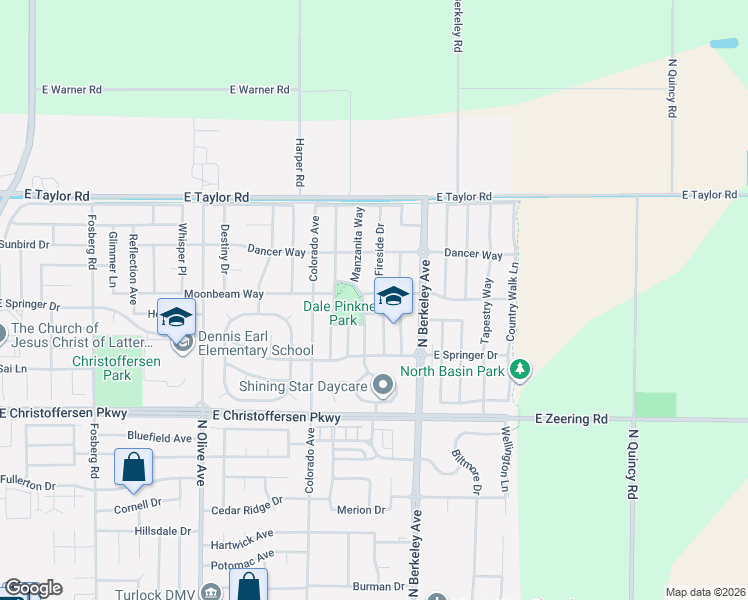 map of restaurants, bars, coffee shops, grocery stores, and more near 1422 Moonbeam Way in Turlock