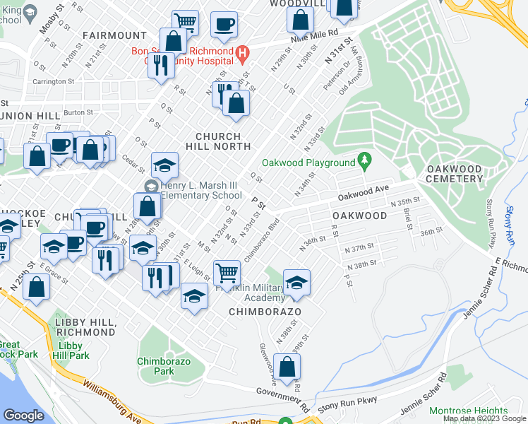 map of restaurants, bars, coffee shops, grocery stores, and more near 3301 P Street in Richmond