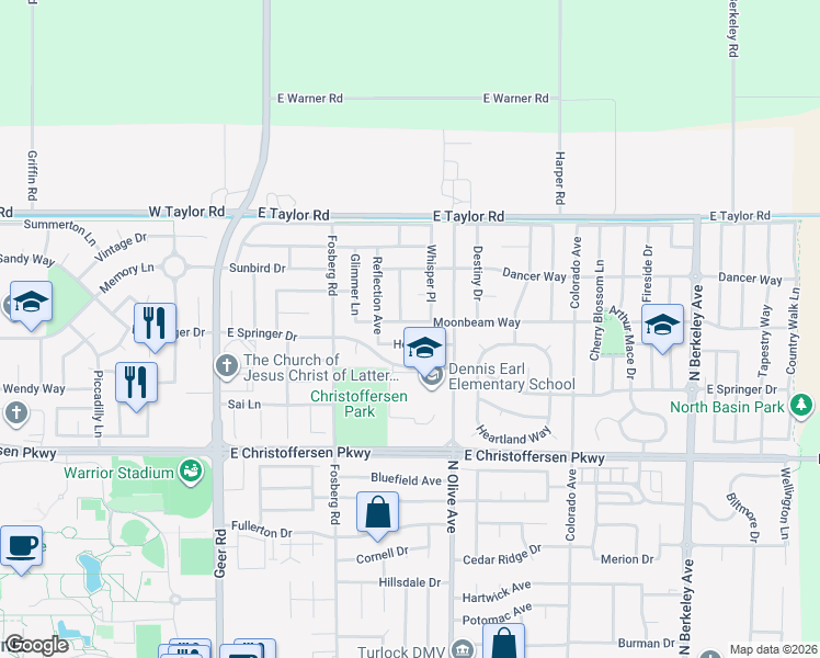map of restaurants, bars, coffee shops, grocery stores, and more near 652 Moonbeam Way in Turlock