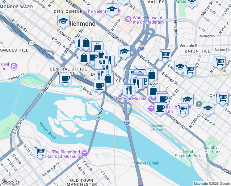 map of restaurants, bars, coffee shops, grocery stores, and more near 115 South 15th Street in Richmond
