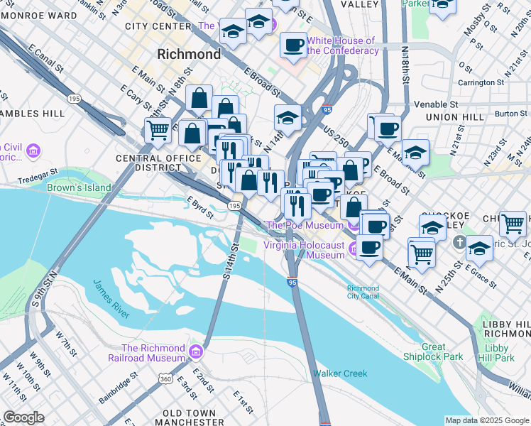 map of restaurants, bars, coffee shops, grocery stores, and more near 115 South 15th Street in Richmond