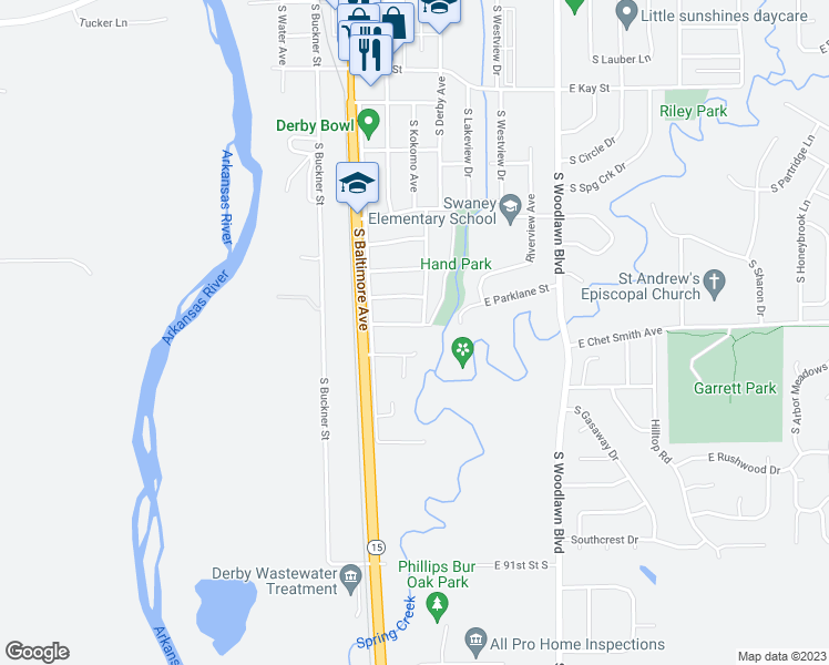 map of restaurants, bars, coffee shops, grocery stores, and more near 221 East Park Lane Street in Derby