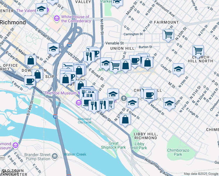 map of restaurants, bars, coffee shops, grocery stores, and more near 200 North 22nd Street in Richmond
