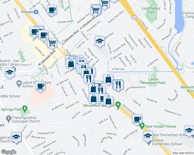 map of restaurants, bars, coffee shops, grocery stores, and more near 36 East 40th Avenue in San Mateo