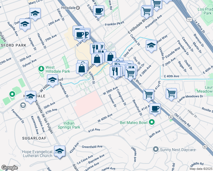 map of restaurants, bars, coffee shops, grocery stores, and more near 120 37th Avenue in San Mateo