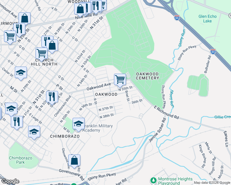 map of restaurants, bars, coffee shops, grocery stores, and more near 1323 North 35th Street in Richmond