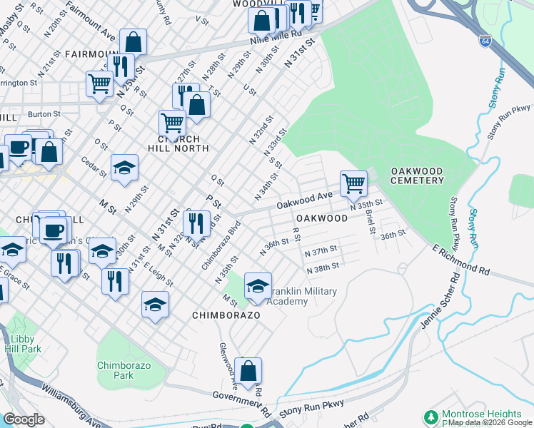 map of restaurants, bars, coffee shops, grocery stores, and more near 1109 Oakwood Avenue in Richmond