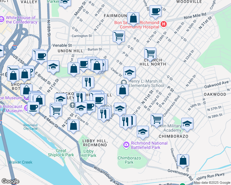 map of restaurants, bars, coffee shops, grocery stores, and more near 608 North 28th Street in Richmond