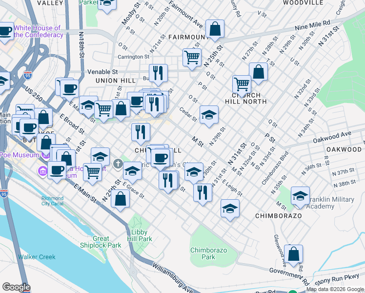 map of restaurants, bars, coffee shops, grocery stores, and more near 608 North 28th Street in Richmond