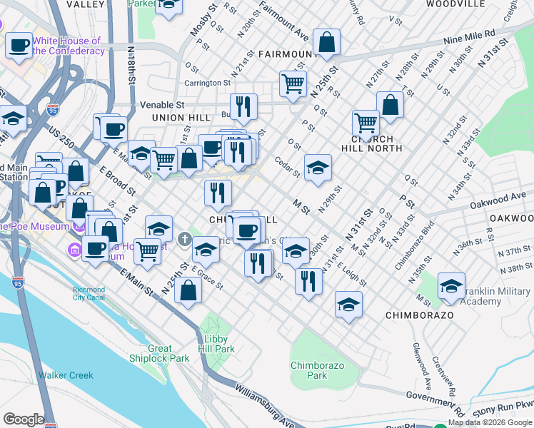 map of restaurants, bars, coffee shops, grocery stores, and more near 516 North 27th Street in Richmond