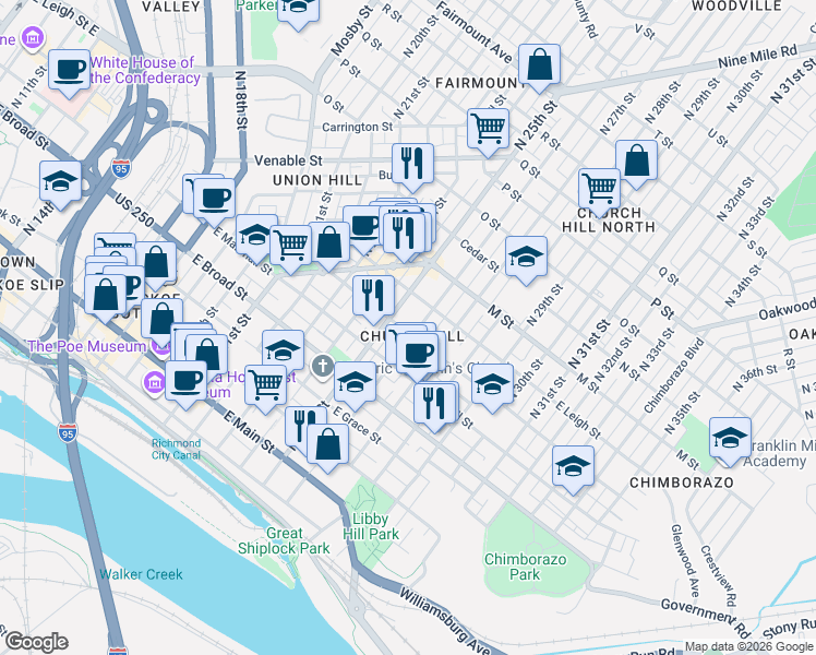 map of restaurants, bars, coffee shops, grocery stores, and more near in Richmond