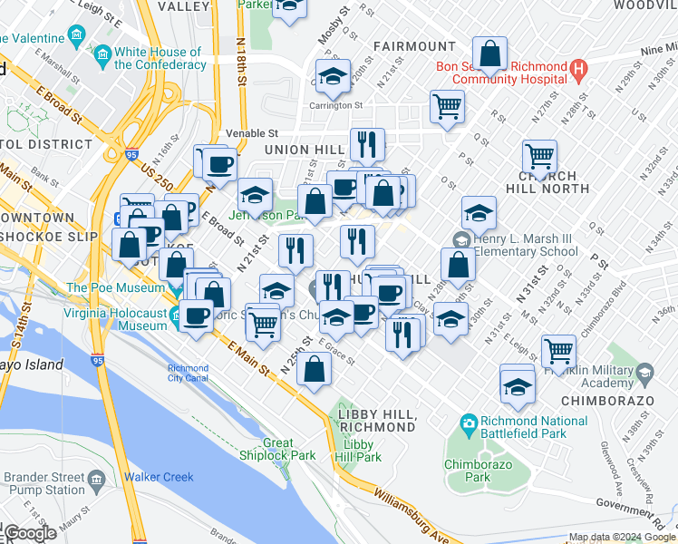 map of restaurants, bars, coffee shops, grocery stores, and more near 2408 East Marshall Street in Richmond