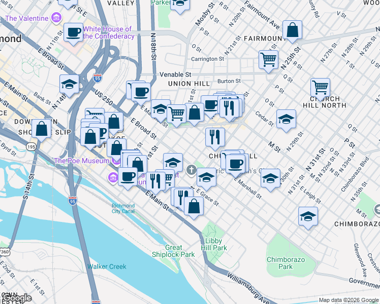 map of restaurants, bars, coffee shops, grocery stores, and more near 316 North 24th Street in Richmond