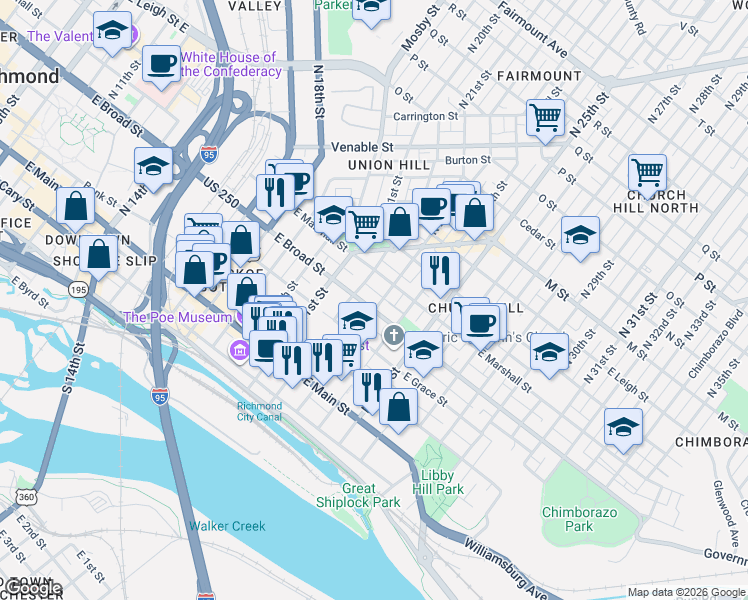 map of restaurants, bars, coffee shops, grocery stores, and more near 2208 East Broad Street in Richmond