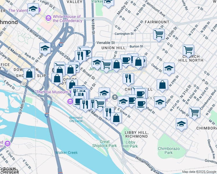 map of restaurants, bars, coffee shops, grocery stores, and more near in Richmond