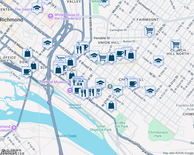 map of restaurants, bars, coffee shops, grocery stores, and more near 200 North 22nd Street in Richmond