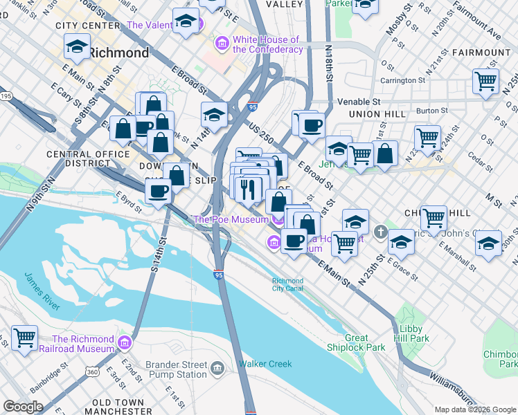 map of restaurants, bars, coffee shops, grocery stores, and more near 1810 East Main Street in Richmond