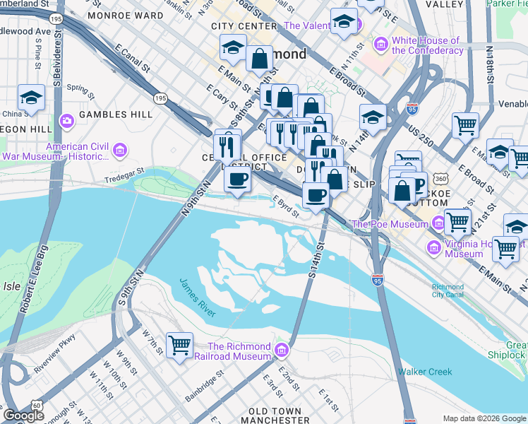 map of restaurants, bars, coffee shops, grocery stores, and more near 1201 Haxall Point in Richmond