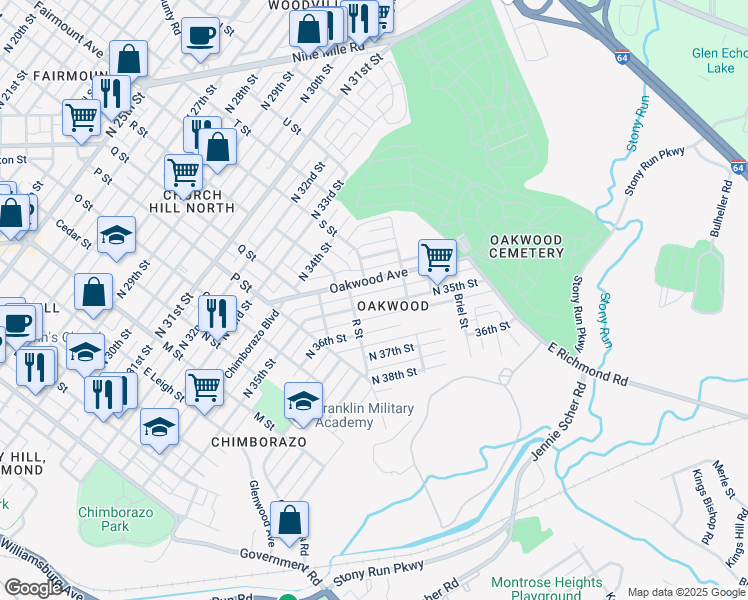 map of restaurants, bars, coffee shops, grocery stores, and more near 1210 North 35th Street in Richmond
