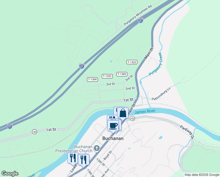 map of restaurants, bars, coffee shops, grocery stores, and more near 416 2nd Street in Buchanan