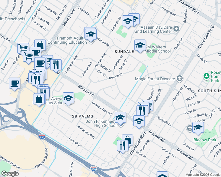 map of restaurants, bars, coffee shops, grocery stores, and more near 39636 Bliss Court in Fremont