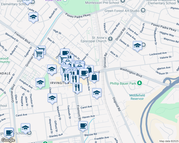 map of restaurants, bars, coffee shops, grocery stores, and more near 3741 Washington Boulevard in Fremont