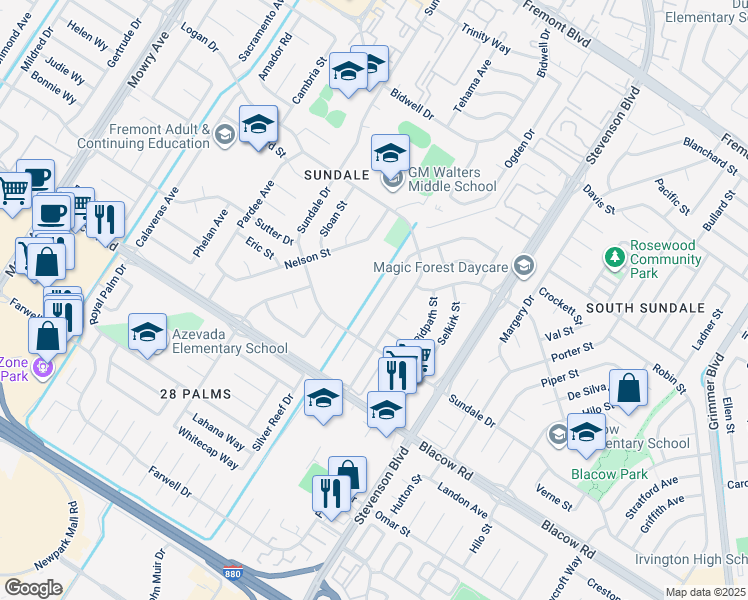 map of restaurants, bars, coffee shops, grocery stores, and more near 4757 Wheeler Drive in Fremont